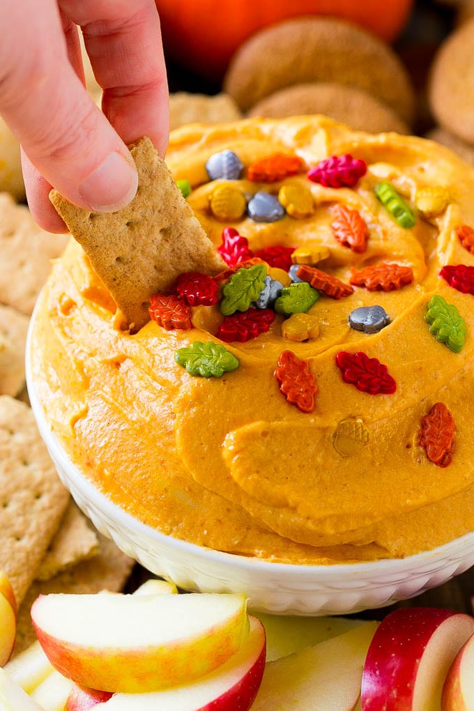 Pumpkin Dip Recipe | Dessert Dip | Pumpkin Pie Dip #pumpkin #dessert #dip #fall #thanksgiving #bajap A bowl of pumpkin dip with a graham cracker scooping some out.