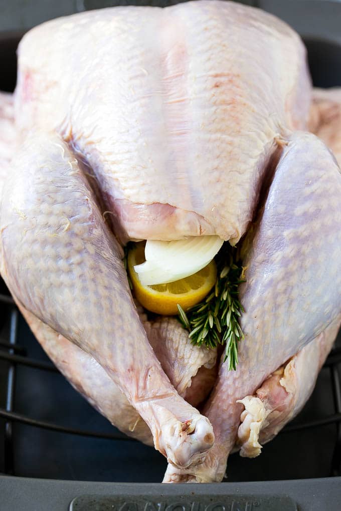 Roast Turkey Recipe | Thanksgiving Turkey | Holiday Turkey | Baked Turkey #turkey #thanksgiving #christmas #dinner #glutenfree #bajap A raw bird with onion, lemon and herbs in the cavity.
