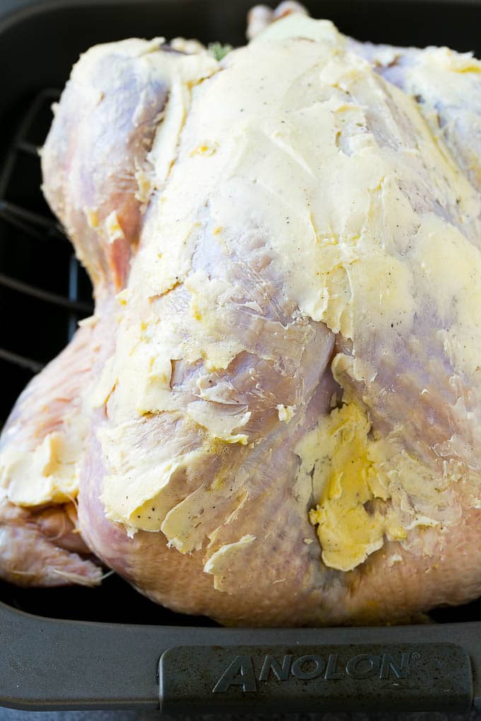 Roast Turkey Recipe | Thanksgiving Turkey | Holiday Turkey | Baked Turkey #turkey #thanksgiving #christmas #dinner #glutenfree #bajap A whole raw turkey coated in seasoned butter.