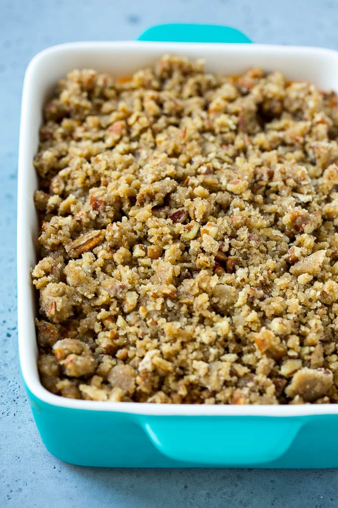 Ruth's Chris Sweet Potato Casserole Recipe | Sweet Potato Casserole | Mashed Sweet Potatoes #sweetpotatoes #casserole #thanksgiving #christmas #holidays #dinner #bajap #sidedish Mashed sweet potatoes topped with a brown sugar and pecan streusel.