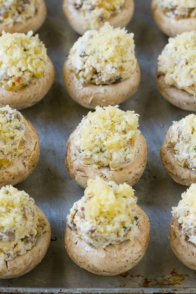 Sausage Stuffed Mushrooms Recipe | Stuffed Mushrooms | Mushroom Appetizer #mushrooms #sausage #appetizer #lowcarb #keto #bajap Raw sausage stuffed mushrooms ready to go into the oven.