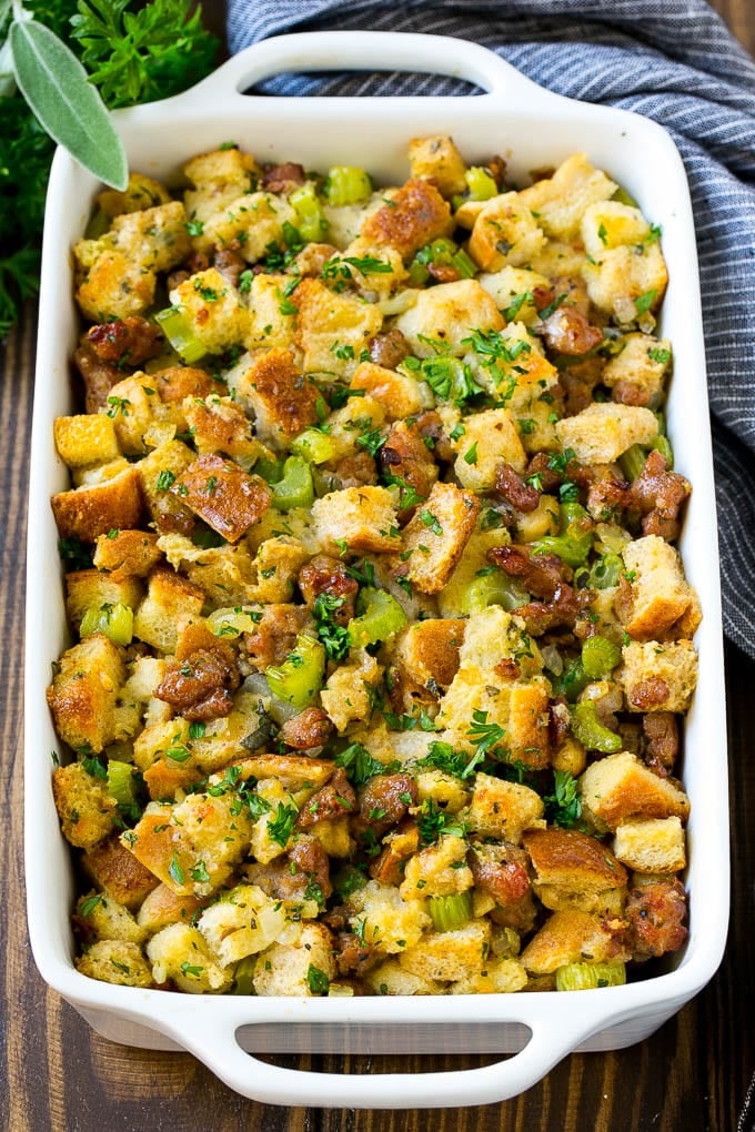 Sausage Stuffing Recipe | Thanksgiving Stuffing | Make Ahead Stuffing #stuffing #thanksgiving #sausage #sidedish #dinner #bajap A baking dish of sausage stuffing made with Italian sausage, bread cubes and vegetables.