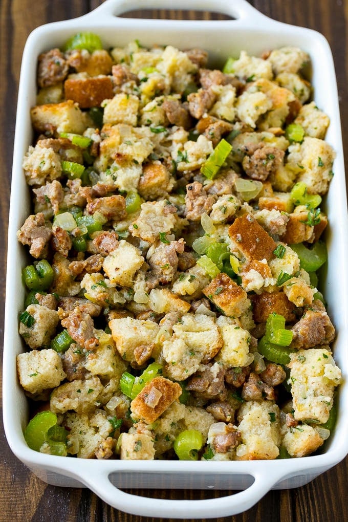 Sausage Stuffing Recipe | Thanksgiving Stuffing | Make Ahead Stuffing #stuffing #thanksgiving #sausage #sidedish #dinner #bajap The ingredients for stuffing assembled in a pan and ready to go into the oven.