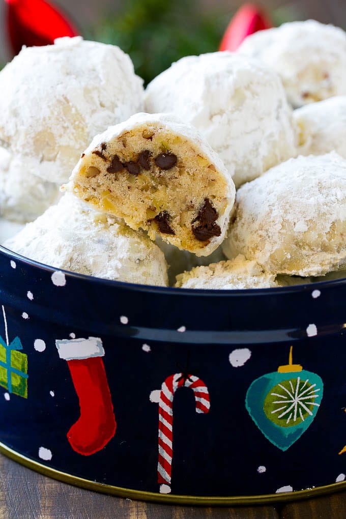Snowball Cookies Recipe | Mexican Wedding Cookies | Russian Tea Cakes #cookies #pecan #chocolate #baking #dessert #christmas #bajap The cross section of a pecan chocolate snowball cookie.