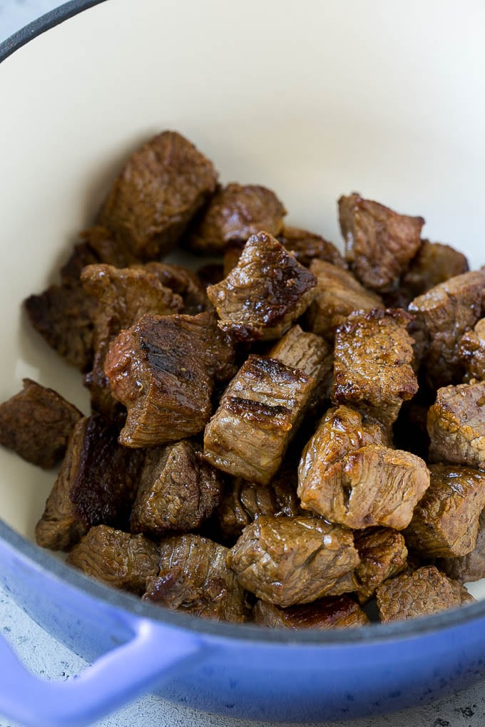 Vegetable Beef Soup Recipe | Beef Vegetable Soup | Beef Soup #beef #veggies #soup #dinner #glutenfree #bajap Browned pieces of beef stew meat in a soup pot.
