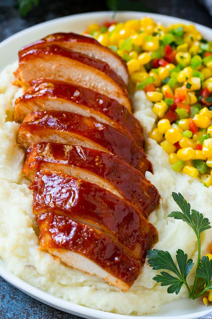 Smoked Chicken Breast Recipe | BBQ Chicken | Smoked Chicken #bbq #chicken #smoker #dinner #glutenfree #bajap Sliced smoked chicken breast over mashed potatoes and corn.