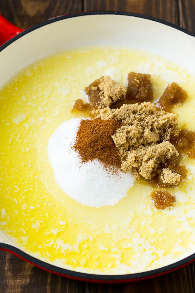 Fried Apples Recipe | Sauteed Apples | Cinnamon Sugar Apples #apples #cinnamon #sugar #sidedish #dessert #bajap #fall Butter, brown sugar, granulated sugar and cinnamon in a pan.