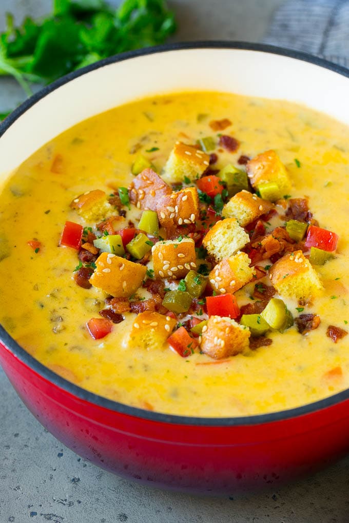 Cheeseburger Soup Recipe | Hamburger Soup | Cheese Soup #soup #groundbeef #hamburger #cheese #bacon #dinner #bajap Cheeseburger soup topped with bacon, tomato, pickles and croutons.
