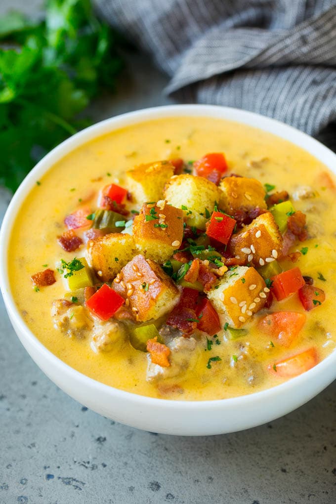Cheeseburger Soup Recipe | Hamburger Soup | Cheese Soup #soup #groundbeef #hamburger #cheese #bacon #dinner #bajap A bowl of cheeseburger soup