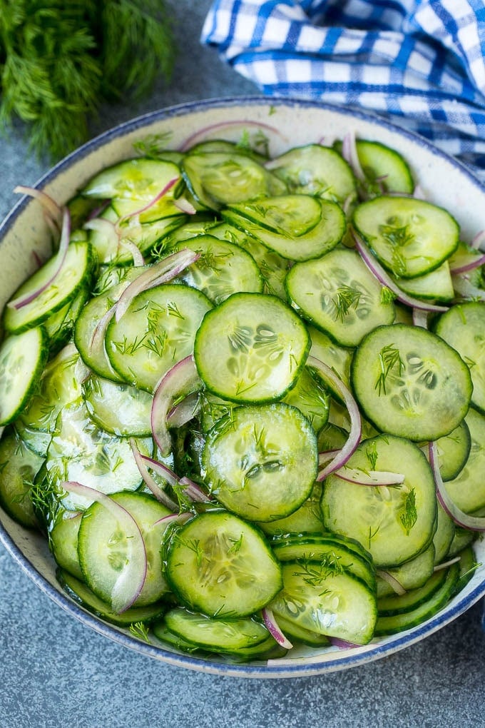 Cucumber Salad Recipe | Cucumber Dill Salad | Cucumber Recipe #cucumbers #salad #glutenfree #sidedish #bajap Cucumber salad in a serving bowl with sliced English cucumbers, red onion and fresh dill.