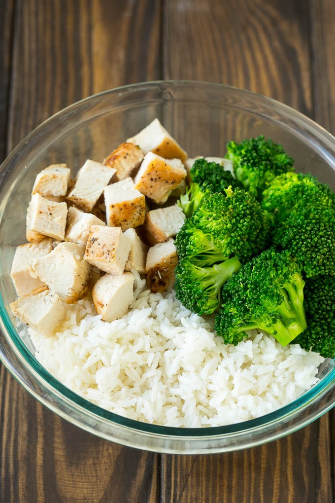 Chicken Casserole Recipe | Chicken and Rice Casserole | Chicken and Broccoli Casserole #casserole #chicken #rice #broccoli #cheese #dinner #bajap Chicken, broccoli and rice in a mixing bowl.