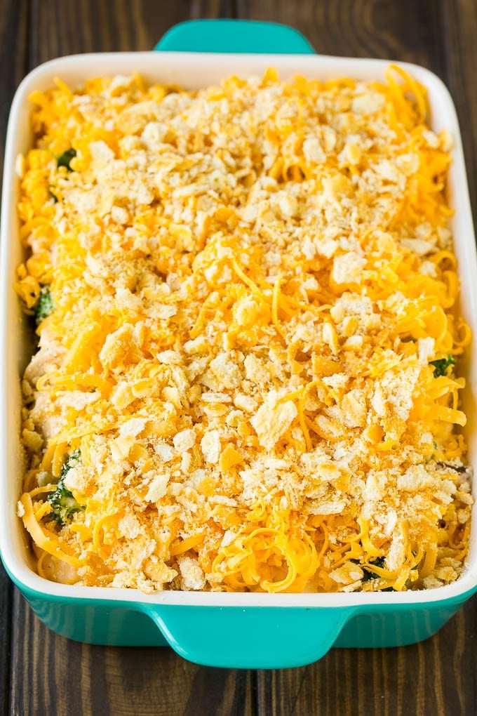 Chicken Casserole Recipe | Chicken and Rice Casserole | Chicken and Broccoli Casserole #casserole #chicken #rice #broccoli #cheese #dinner #bajap Chicken casserole topped with crushed crackers and cheddar cheese.