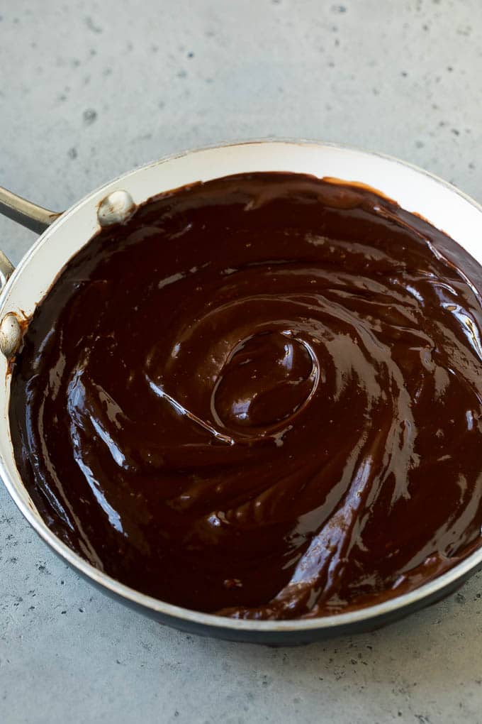 Chocolate Fondue Recipe | Chocolate Sauce | Chocolate Dip #chocolate #dessert #glutenfree #fondue #bajap Melted dip in a skillet.