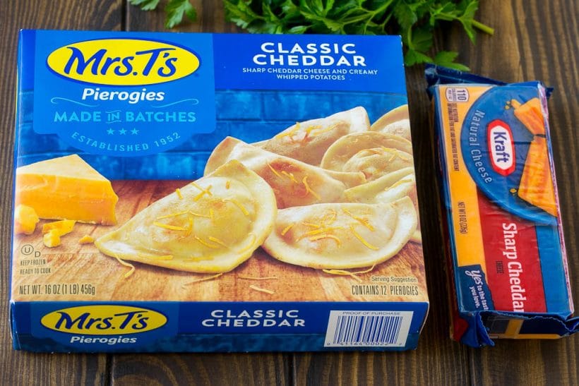Pierogi Casserole Recipe | Potato Casserole #pierogis #casserole #bacon #cheddar #dinner #bajap A box of pierogies and a block of cheddar cheese.