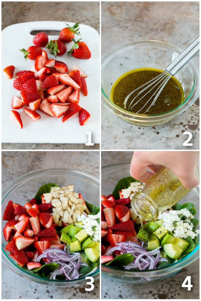 Strawberry Spinach Salad Recipe | Strawberry Salad | Spinach Salad #spinach #salad #strawberries #avocado #bajap A collage showing the steps of how to make spinach salad.