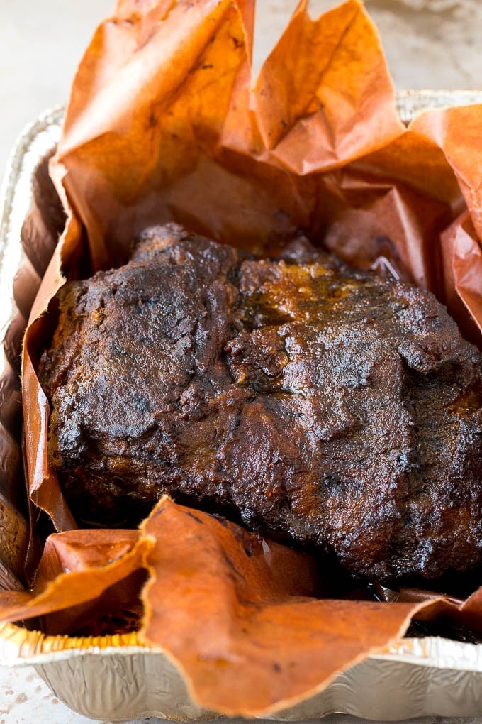 Burnt Ends Recipe | Smoked Brisket | Beef Brisket #brisket #bbq #smoker #beef #dinner #bajap Smoked brisket in a metal pan.