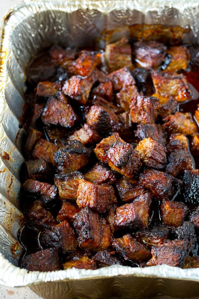 Burnt Ends Recipe | Smoked Brisket | Beef Brisket #brisket #bbq #smoker #beef #dinner #bajap Burnt ends in a foil pan.