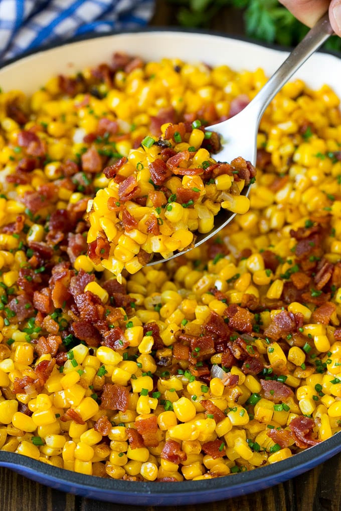 Bacon Fried Corn Recipe | Sauteed Corn | Corn Side Dish #corn #bacon #sidedish #glutenfree #dinner #bajap A spoonful of fried corn made with bacon and onions.