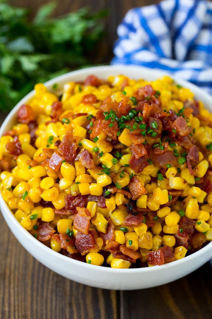 Bacon Fried Corn Recipe | Sauteed Corn | Corn Side Dish #corn #bacon #sidedish #glutenfree #dinner #bajap A serving bowl of Southern fried corn with bacon.