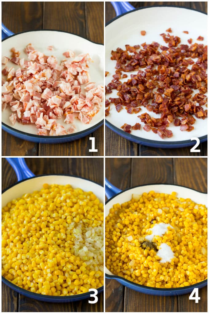 Bacon Fried Corn Recipe | Sauteed Corn | Corn Side Dish #corn #bacon #sidedish #glutenfree #dinner #bajap Step by step process shots of corn and bacon being cooked.