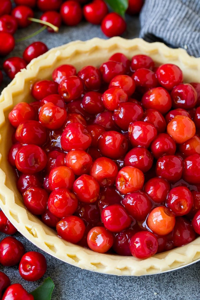 Cherry Pie Filling Recipe #pie #cherries #dessert #sweets #bajap #summer Cherry pie filling inside of an unbaked pie crust.