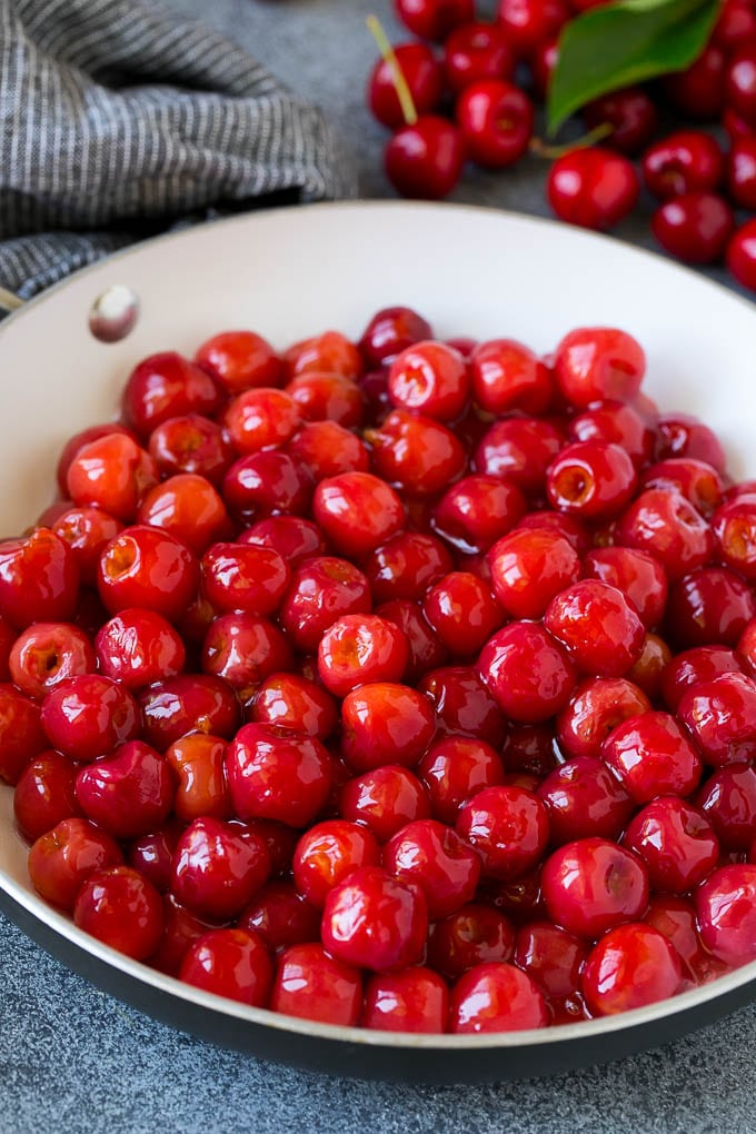 Cherry Pie Filling Recipe #pie #cherries #dessert #sweets #bajap #summer Cooked cherries in a skillet.