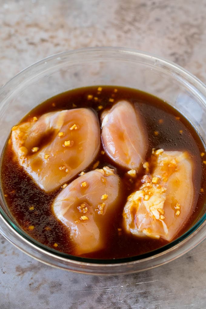 Huli Huli Chicken Recipe | Hawaiian Chicken | Grilled Chicken Thighs #chicken #pineapple #grilling #dinner #bajap Chicken thighs in a bowl of marinade.