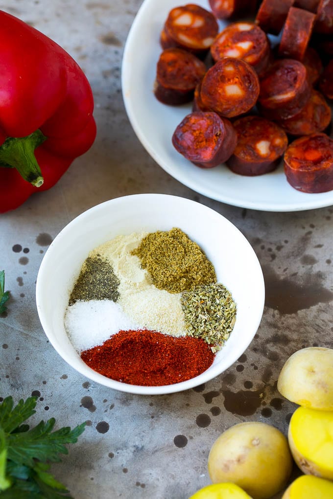 Spanish Chicken Recipe | Sheet Pan Meal | Chicken and Potatoes #spanishfood #chicken #sausage #potatoes #dinner #bajap A blend of spices to make a savory rub.