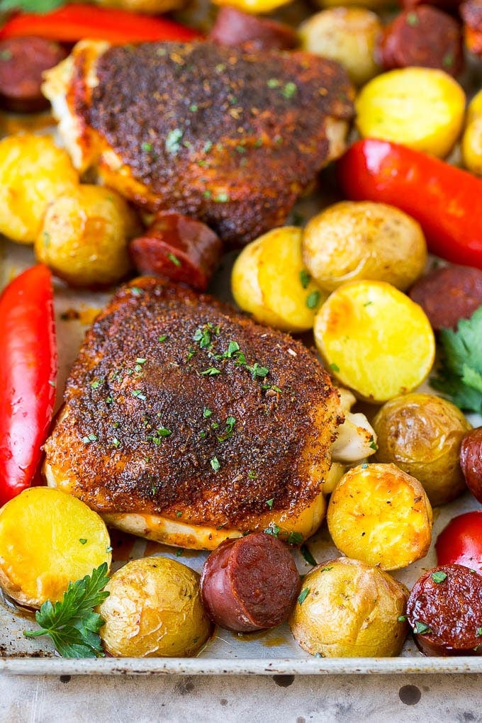 Spanish Chicken Recipe | Sheet Pan Meal | Chicken and Potatoes #spanishfood #chicken #sausage #potatoes #dinner #bajap Spanish chicken thighs with chorizo and potatoes.