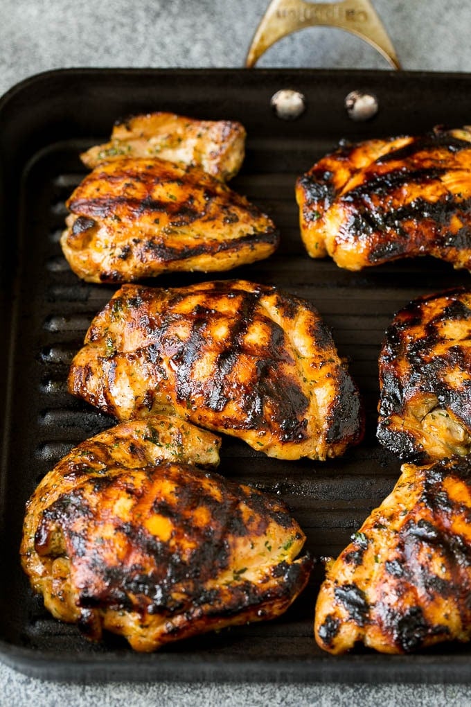 Grilled Chicken Thighs Recipe | Marinated Chicken Thighs #chicken #grilling #marinade #dinner #cilantro #lime #bajap Poultry cooked on a grill pan.