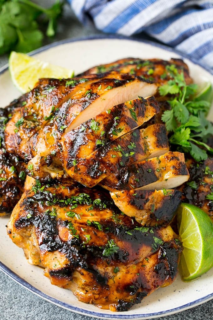 Grilled Chicken Thighs Recipe | Marinated Chicken Thighs #chicken #grilling #marinade #dinner #cilantro #lime #bajap Sliced grilled chicken thighs with cilantro and lime flavoring.