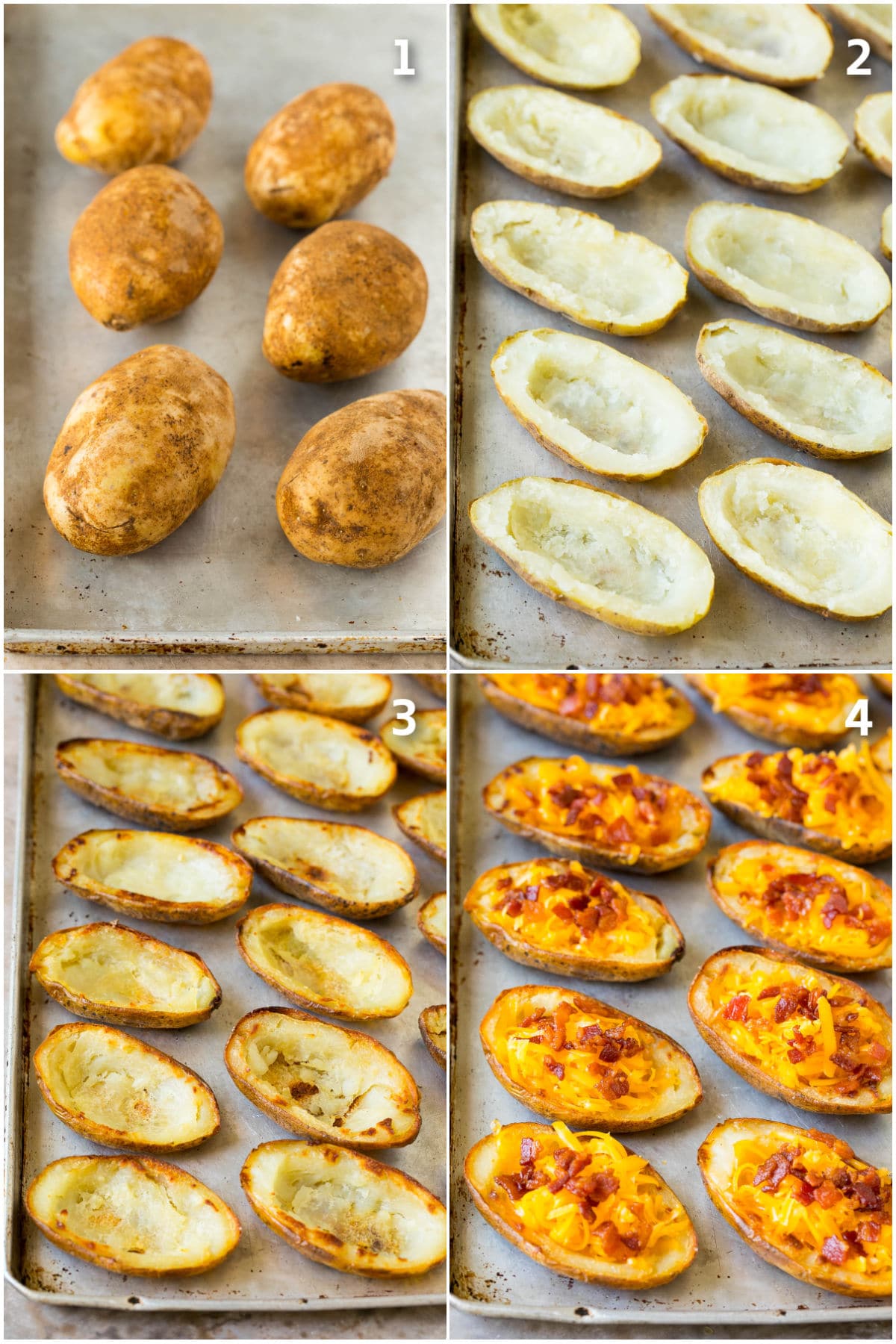 Potato Skins Recipe | Loaded Potatoes #potatoes #appetizer #snack #cheese #bacon #bajap Step by step photos of potatoes being baked and filled with toppings.