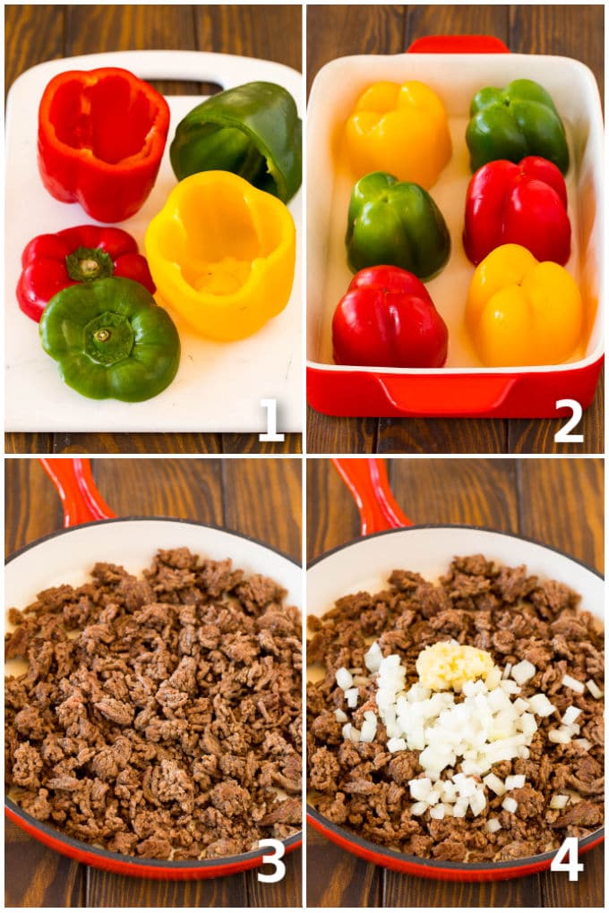 Stuffed Bell Peppers Recipe | Stuffed Peppers #beef #rice #peppers #dinner #cheese #bajap Step by step process shots on cooking bell peppers and ground beef.