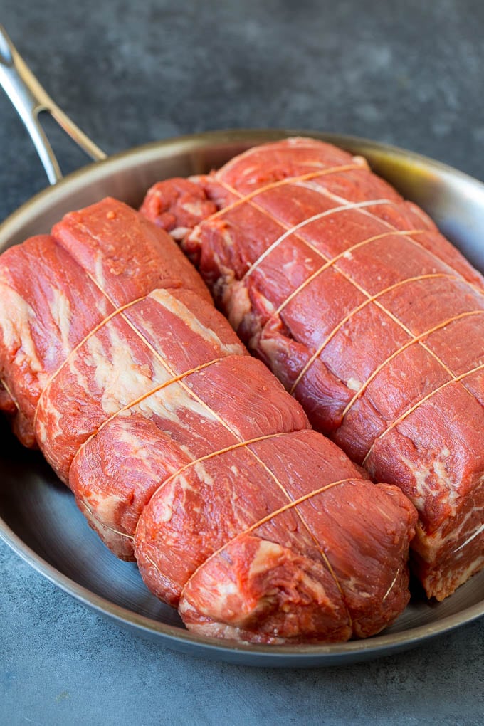 Beef Tenderloin with Garlic Butter #beef #steak #dinner #bajap Beef tenderloin roasts tied with twine.