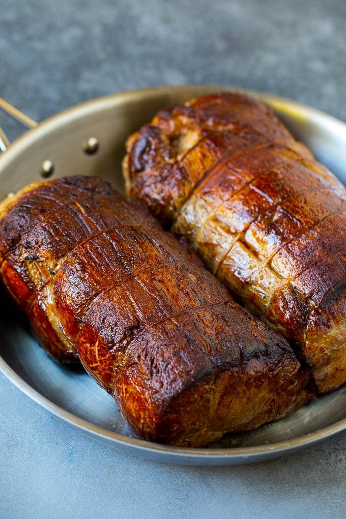 Beef Tenderloin with Garlic Butter #beef #steak #dinner #bajap Seared tenderloin roasts in a pan.