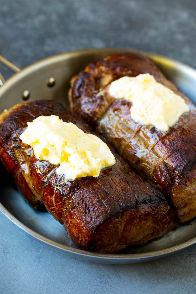 Beef Tenderloin with Garlic Butter #beef #steak #dinner #bajap Beef roasts topped with garlic butter.