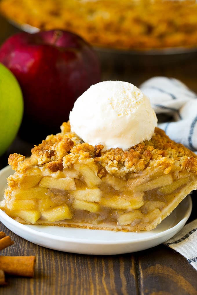 Dutch Apple Pie Recipe | Homemade Apple Pie #pie #apple #dessert #baking #fall #bajap A slice of Dutch apple pie topped with ice cream.