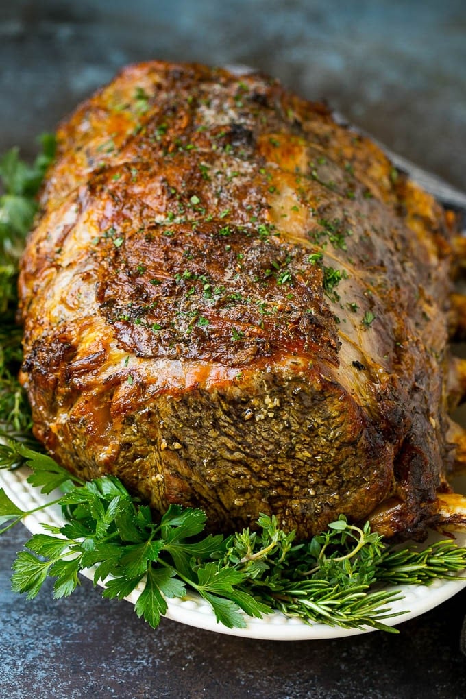 Prime Rib Recipe #primerib #beef #roast #dinner #thanksgiving #christmas #keto #lowcarb #bajap A slow roasted prime rib on a serving platter.