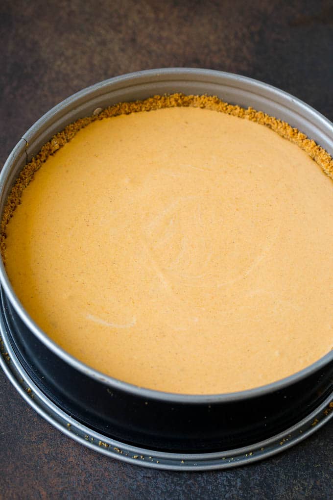 Pumpkin Pie Cheesecake Recipe | Pumpkin Cheesecake #cake #cheesecake #pumpkin #fall #thanksgiving #dessert #bajap Cheesecake batter in a baking pan.
