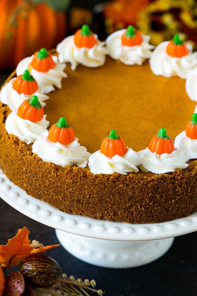Pumpkin Pie Cheesecake Recipe | Pumpkin Cheesecake #cake #cheesecake #pumpkin #fall #thanksgiving #dessert #bajap Pumpkin pie cheesecake topped with whipped cream and candy pumpkins.