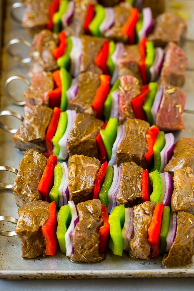 Beef Shish Kabobs Recipe | Beef Kabobs #grilling #beef #steak #dinner #bajap #peppers Raw beef skewered with peppers and onions.