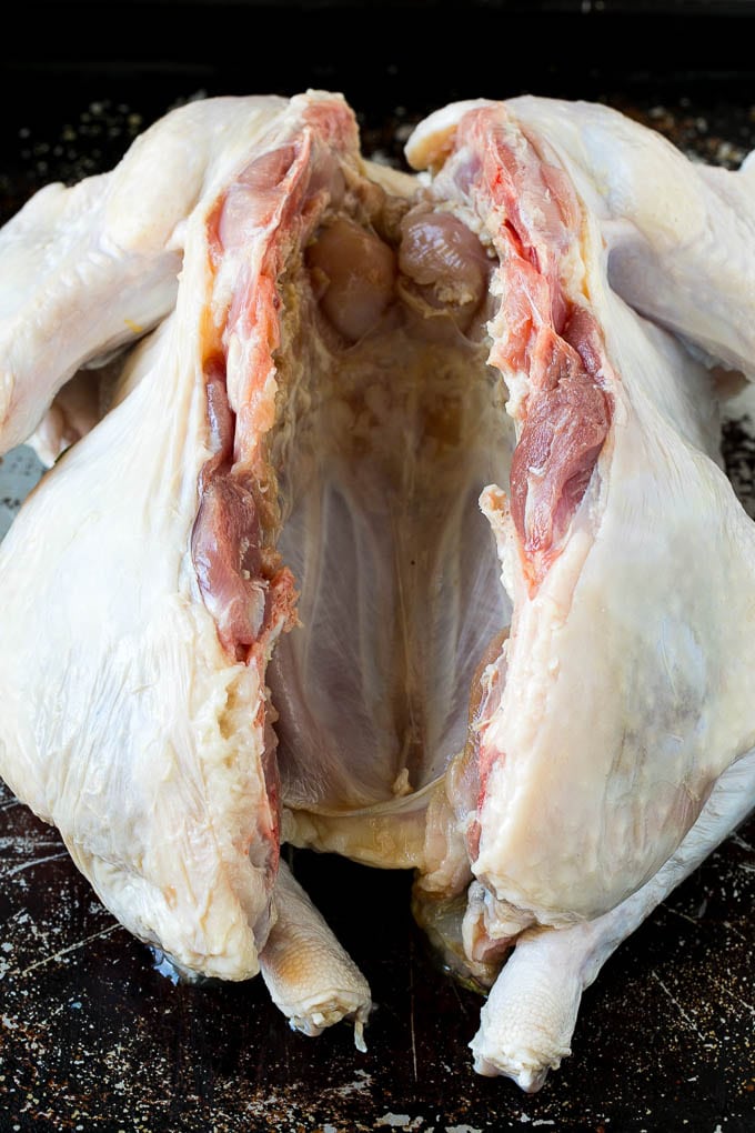 Spatchcock Turkey | Roasted Turkey | Thanksgiving Turkey #turkey #thanksgiving #dinner #fall #christmas #bajap Raw poultry with the backbone cut out.