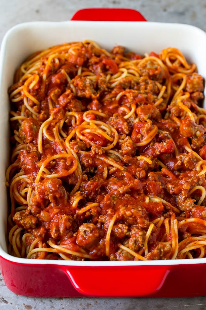 Baked Spaghetti Recipe | Baked Pasta #spaghetti #pasta #cheese #casserole #beef #sausage #dinner #bajap Pasta tossed with meat sauce in a dish.