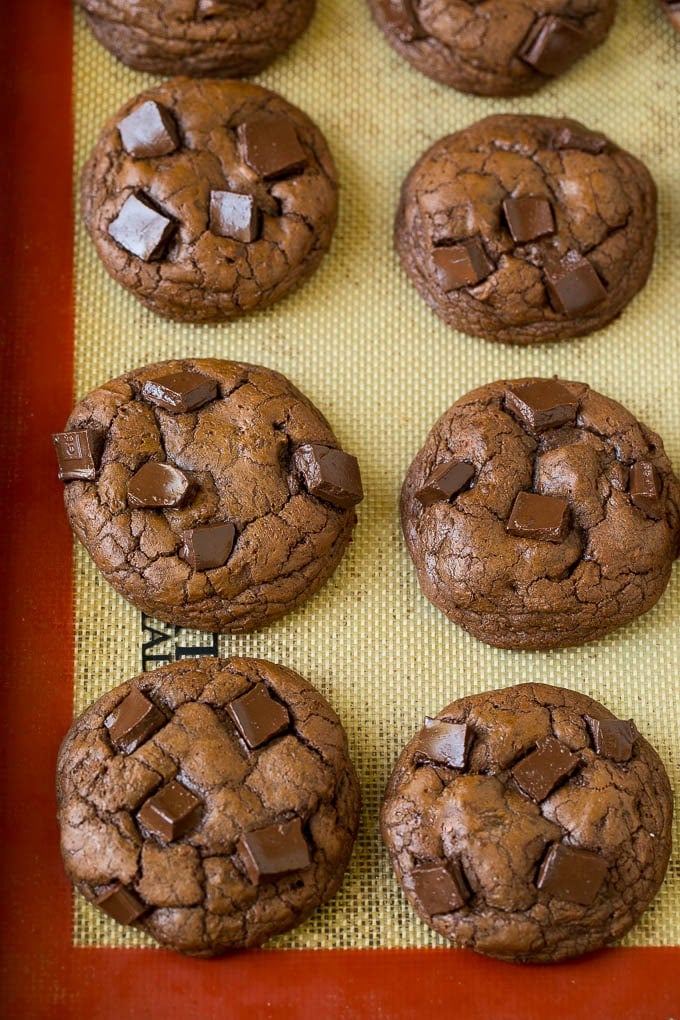 Brownie Cookies Recipe | Chocolate Cookies #cookies #brownies #chocolate #dessert #baking #bajap Baked chocolate cookies on a sheet pan.