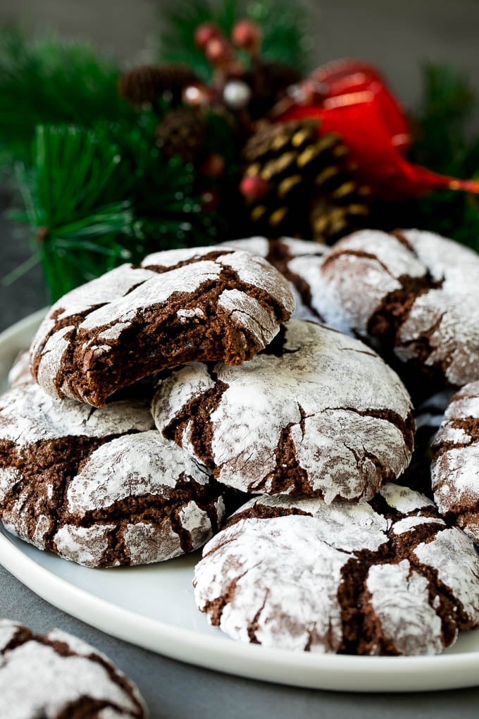 Chocolate Crinkle Cookies Recipe #cookies #chocolate #christmas #dessert #baking #bajap A plate of chocolate crinkle cookies.