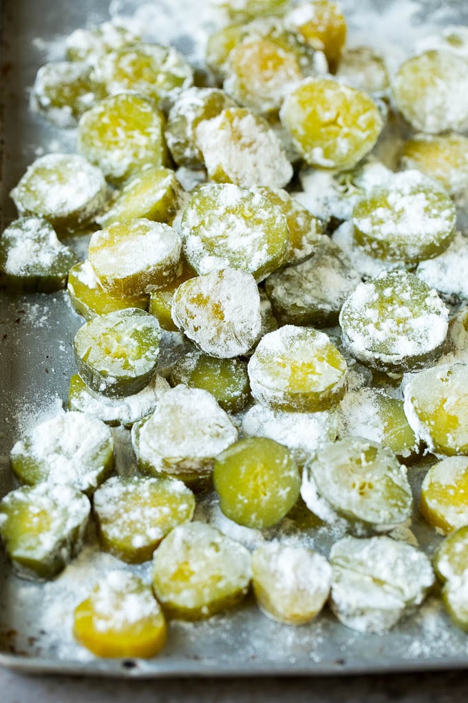 Fried Pickles Recipe #pickles #appetizer #snack #bajap Pickle slices coated in flour.