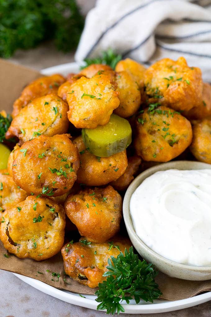 Fried Pickles Recipe #pickles #appetizer #snack #bajap A plate of fried pickles, served with ranch dip.