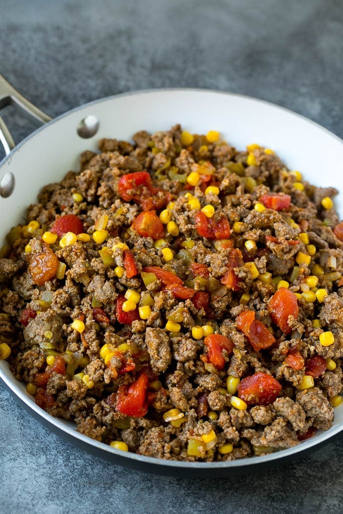 Mexican Lasagna Recipe | Mexican Casserole #mexican #lasagna #groundbeef #beans #dinner #cheese #bajap Ground beef cooked with tomatoes, green chilies and corn.