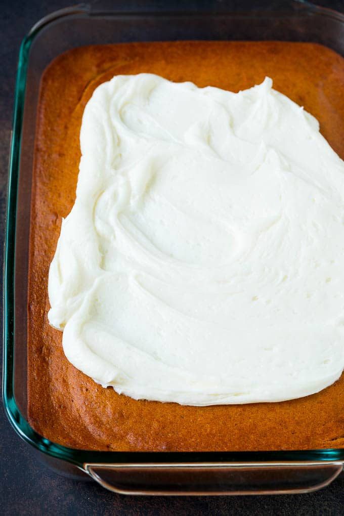 Pumpkin Cake Recipe | Pumpkin Spice Cake #cake #pumpkin #dessert #baking #fall #thanksgiving #bajap Cream cheese frosting on a fall base.
