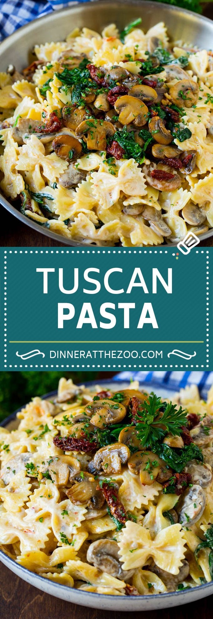 Tuscan Farfalle Pasta Recipe #pasta #cheese #spinach #mushrooms #dinner #bajap